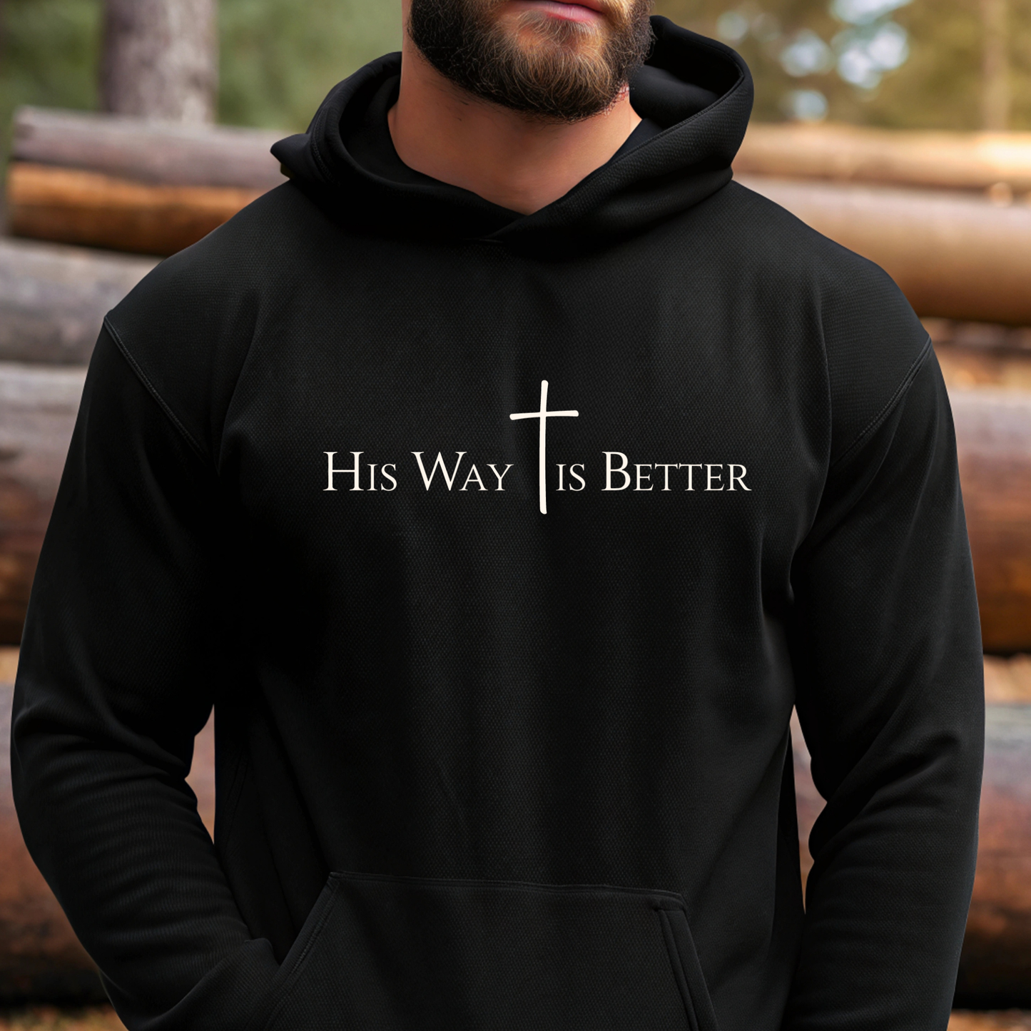 Black hoodie with Christian cross and text “His Way Is Better” – faith apparel for men