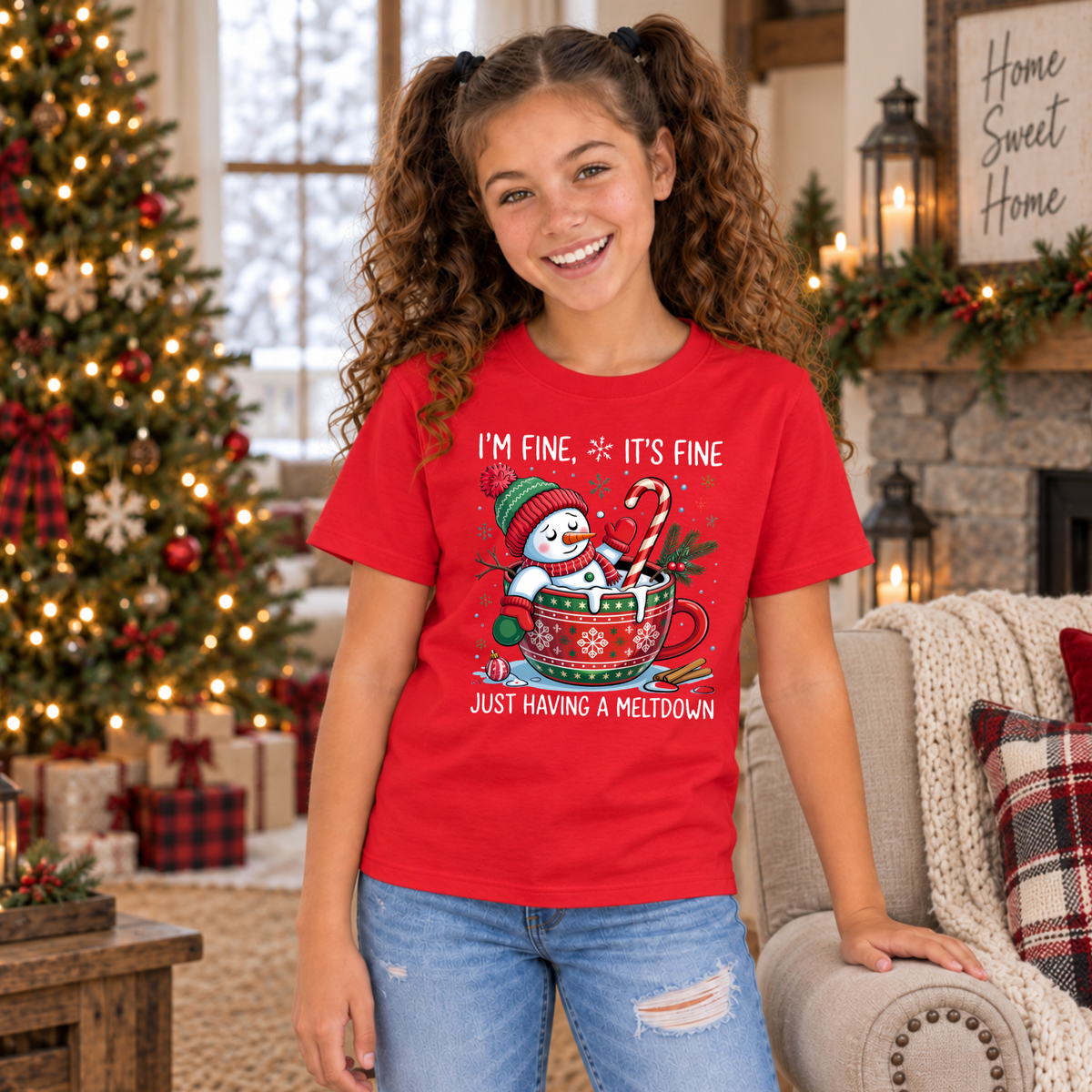 Girl wearing a red youth T-shirt with the I'm Fine It's Fine snowman meltdown Christmas design