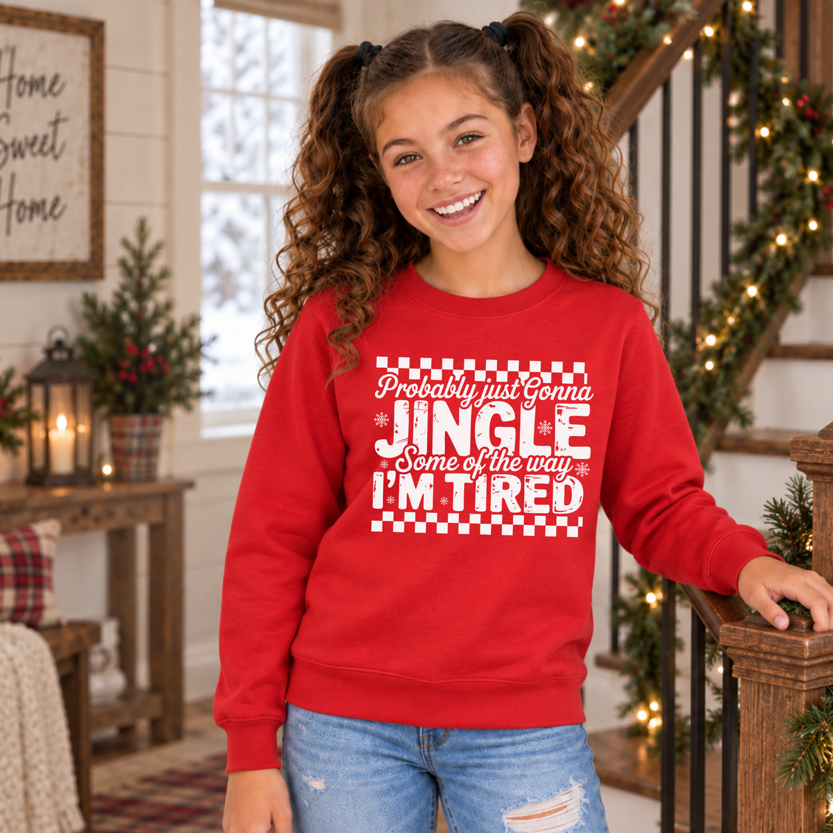 Girl wearing a red youth sweatshirt with white Probably Just Gonna Jingle Some of the Way I'm Tired Christmas design by a decorated staircase