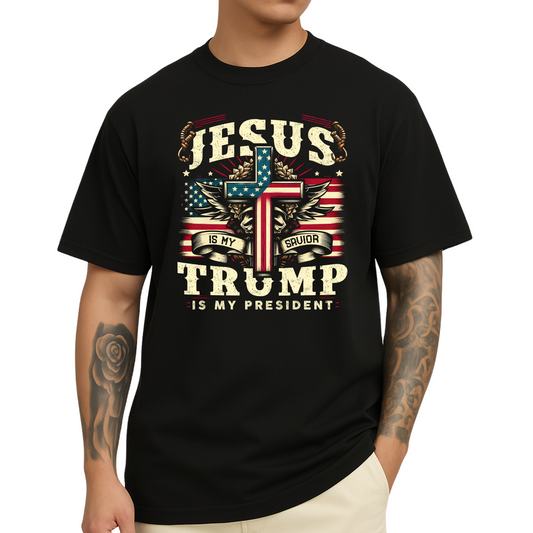Man wearing Black T-shirt with patriotic cross and eagle graphic, vintage stars and stripes design.