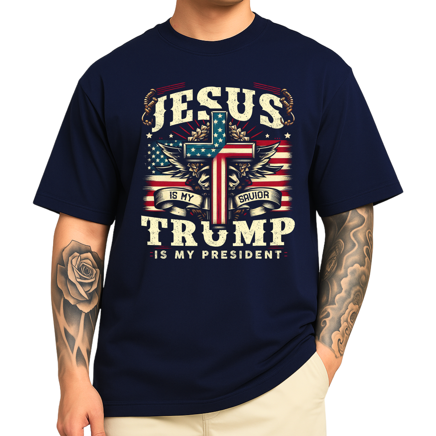 Man wearing Blue T-shirt with patriotic cross and eagle graphic, vintage stars and stripes design.