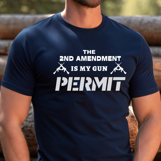 Man wearing a navy blue t-shirt with bold white “The 2nd Amendment Is My Gun Permit” graphic design