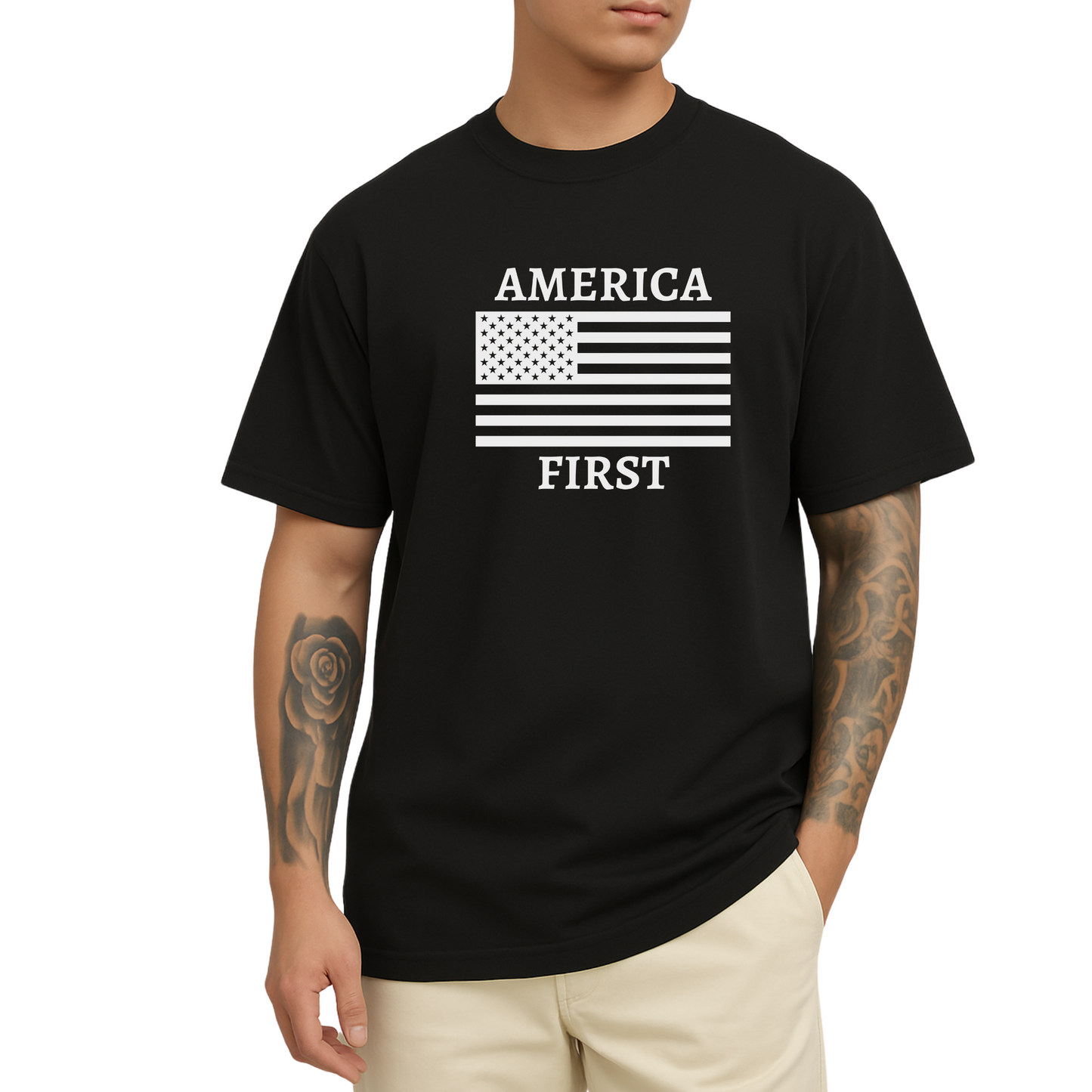 Man wearing black America First t-shirt with bold white American flag graphic and patriotic message