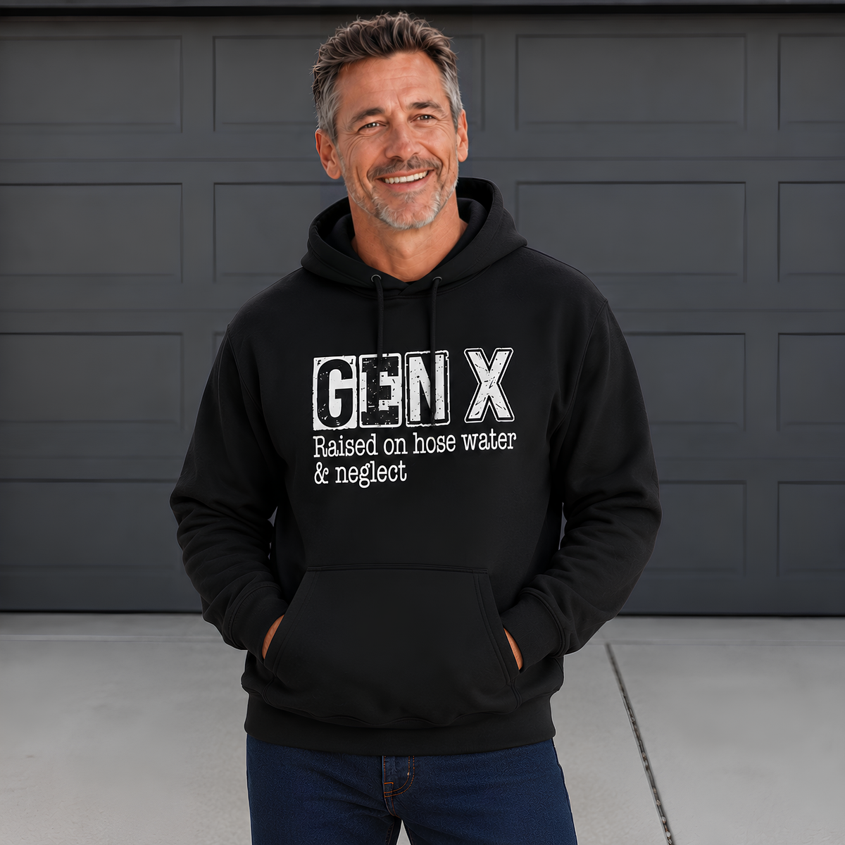 Man wearing a black Gen X hoodie with distressed “Raised on hose water & neglect” lettering in front of a dark garage door.