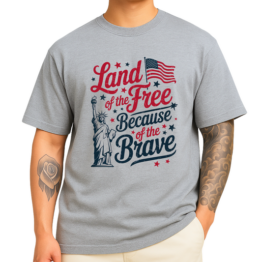 Model in a sports gray t-shirt featuring Statue of Liberty and American flag graphic
