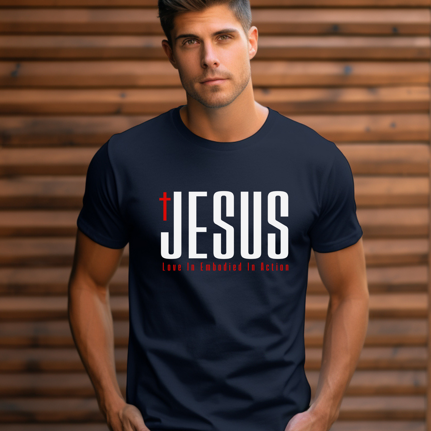 Navy Jesus t-shirt with bold front lettering