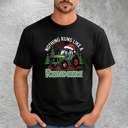 Black Christmas tractor t-shirt for men, featuring festive farm tractor with reindeer antlers and Santa hat. Great holiday gift idea for farmers and tractor lovers.
