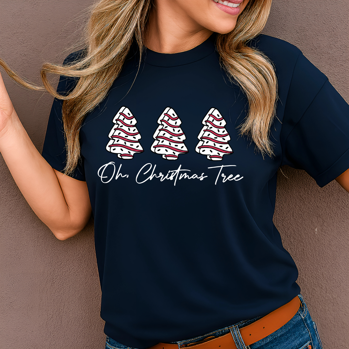 Teen Girl wearing a Navy “Oh Christmas Tree” graphic Christmas t-shirt – unisex women’s style, cozy and festive holiday tee ideal for parties and gifting.