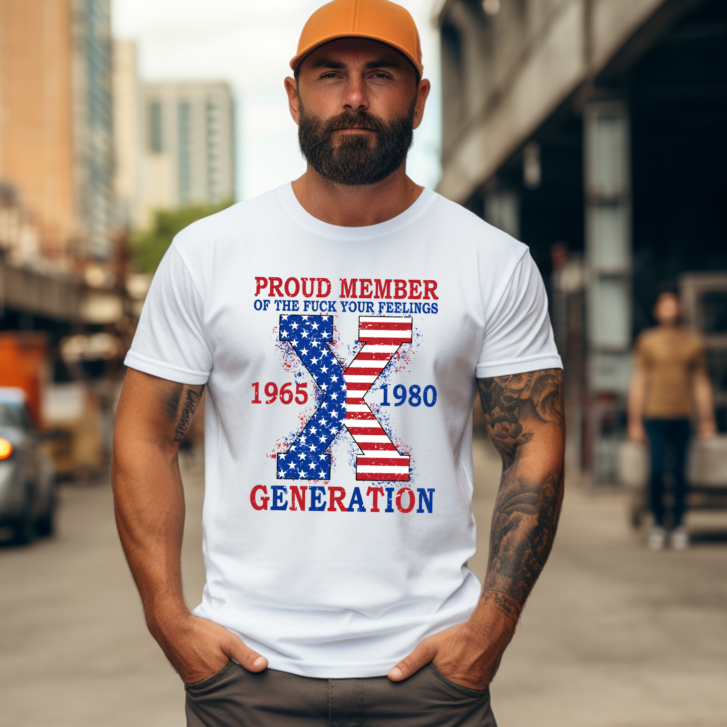 White Patriotic Generation X shirt with American flag X design, White tee for men.