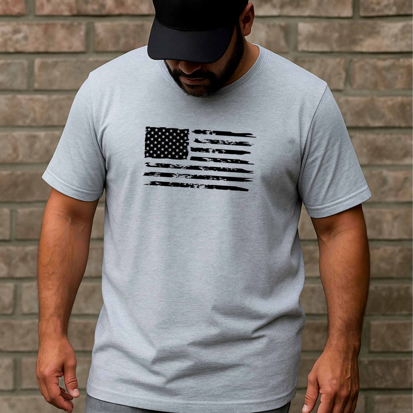 Man wearing gray shirt with distressed american flag design