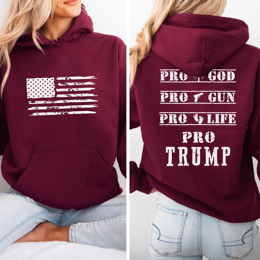 Person wearing Maroon hoodie with distressed USA flag front and bold statement back print design.