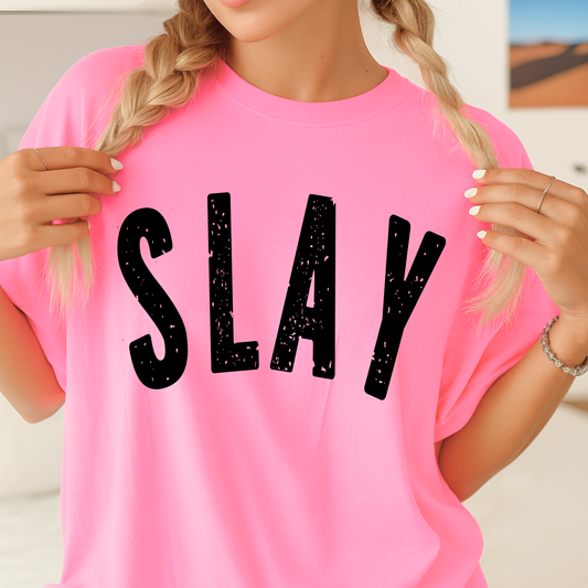 Pink SLAY Tshirt shown upclose