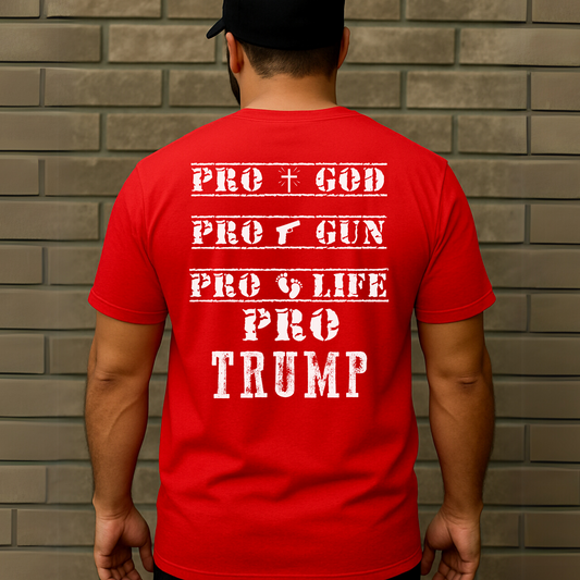 Red T-shirt with white distressed American flag front and pro-values back design
