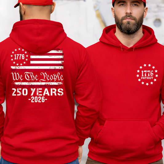 Red hoodie with American flag design on the back and '1776 Patriot' logo on the chest.