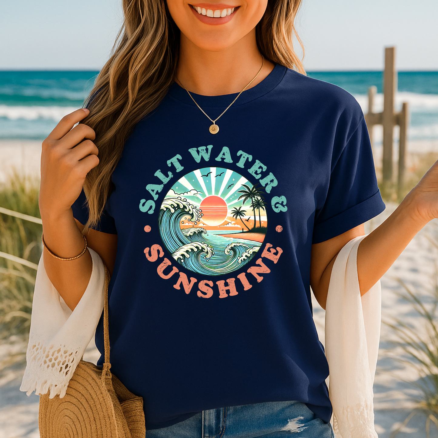 Navy shirt with full-color wave and sunset graphic, styled with denim shorts