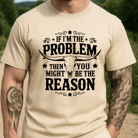 Sand-colored shirt with longhorn graphic and bold message – worn by tattooed male model