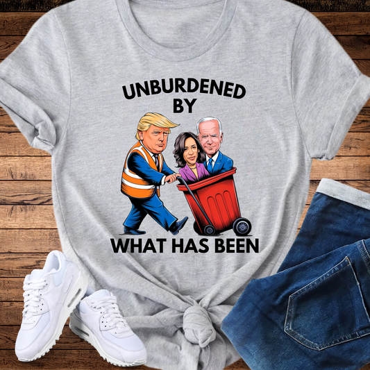 Navy T-shirt with Unburdened By What Has Been Trump graphic design