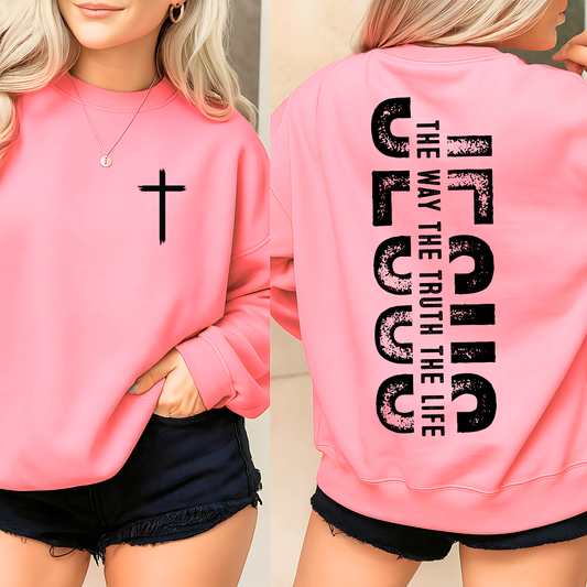 Pink Jesus Cross Faith sweatshirt with small front cross and bold back JESUS vertical graphic