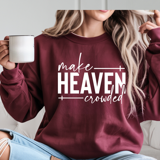 Maroon Make Heaven Crowded sweatshirt on woman with coffee mug