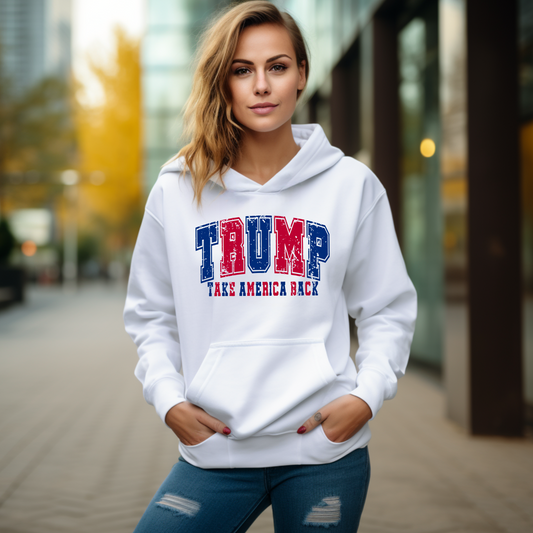 Woman modeling Trump 47 hoodie outdoors, patriotic sweatshirt