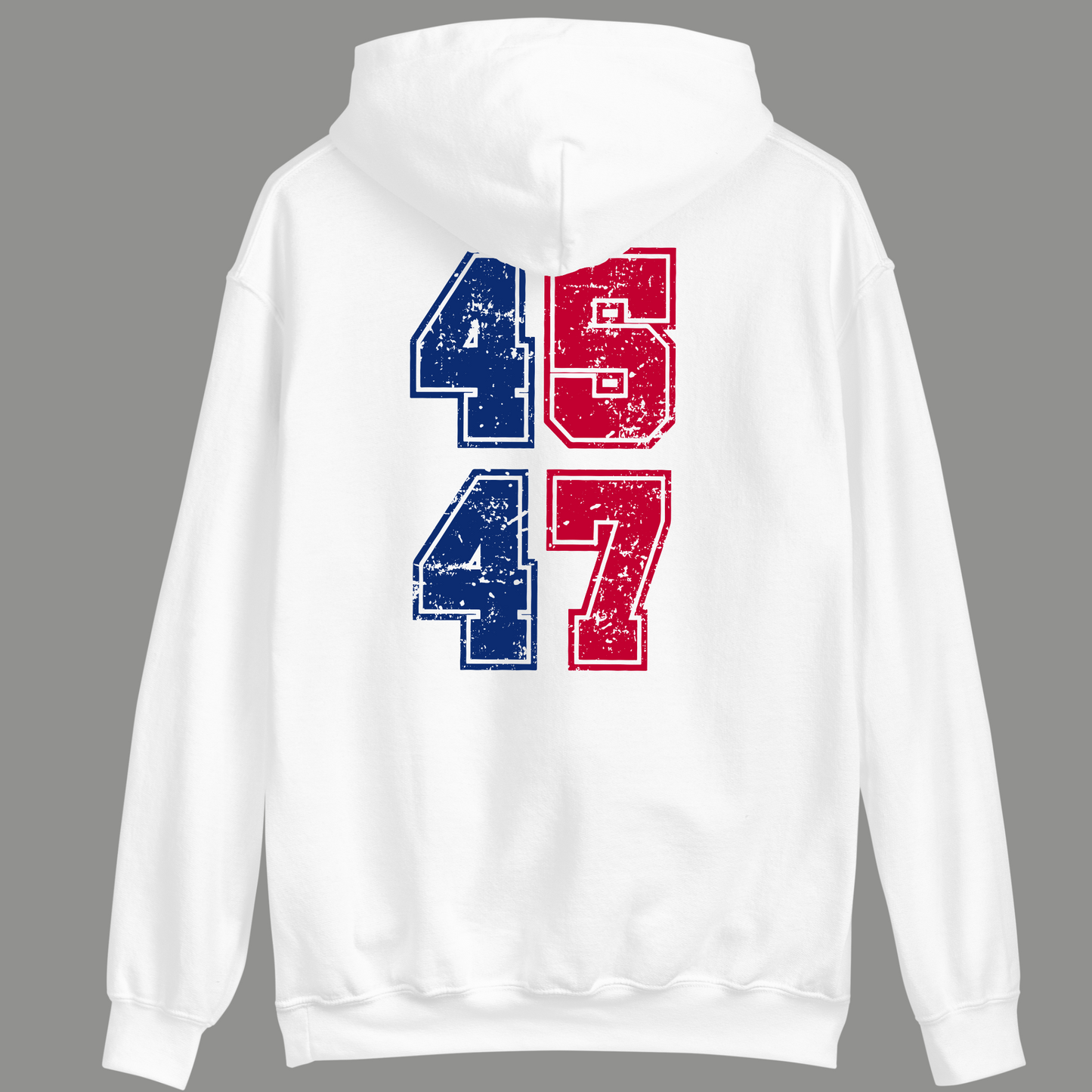 White Trump 47 hoodie back print with 45/47 design