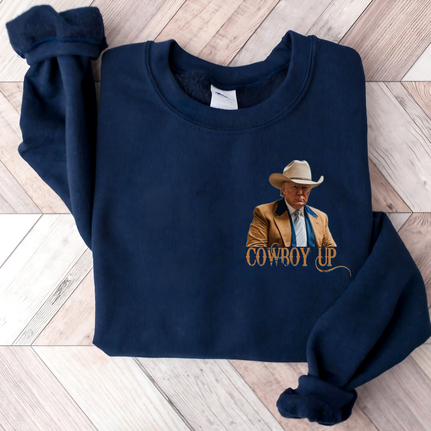 Navy crewneck sweatshirt for women with patriotic cowboy design – front and back print