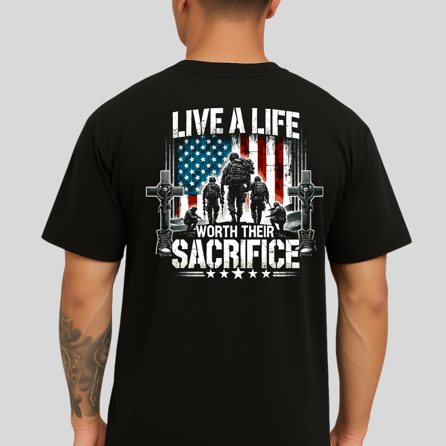 Live a Life Worth Their Sacrifice Men's T-Shirt – Front Pocket & Full Back Patriotic Military