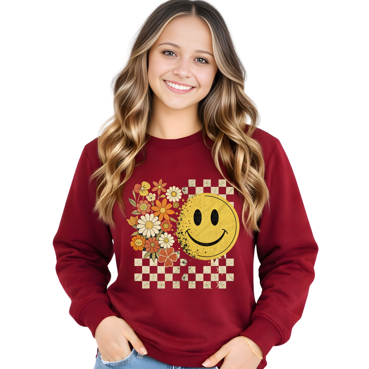 Girls Checkered Floral Happy Face Youth Shirt & Sweatshirt