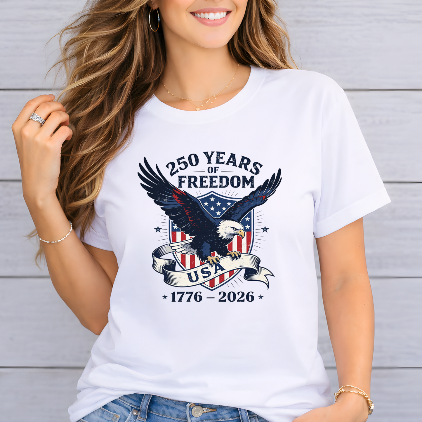 White t-shirt America 250 eagle patriotic design close up