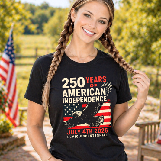 Woman wearing black patriotic America 250 tshirt with bald eagle and vintage American flag graphic celebrating 250 years of American independence July 4th 2026 patriotic apparel for women and teens.