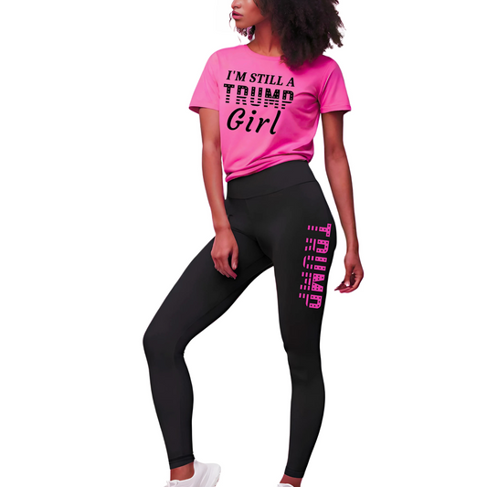 Woman wearing hot pink “I’m Still a Trump Girl” shirt with black TRUMP leggings, styled for workout