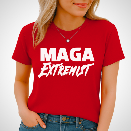 Woman wearing red T-shirt with bold white statement text graphic, tied hem style.