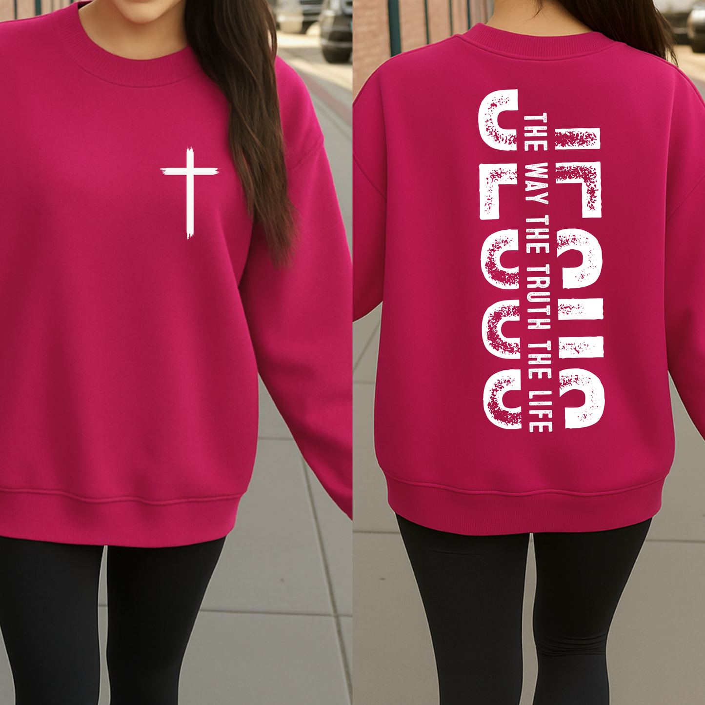 Dark pink Christian sweatshirt with cross front and Jesus back print