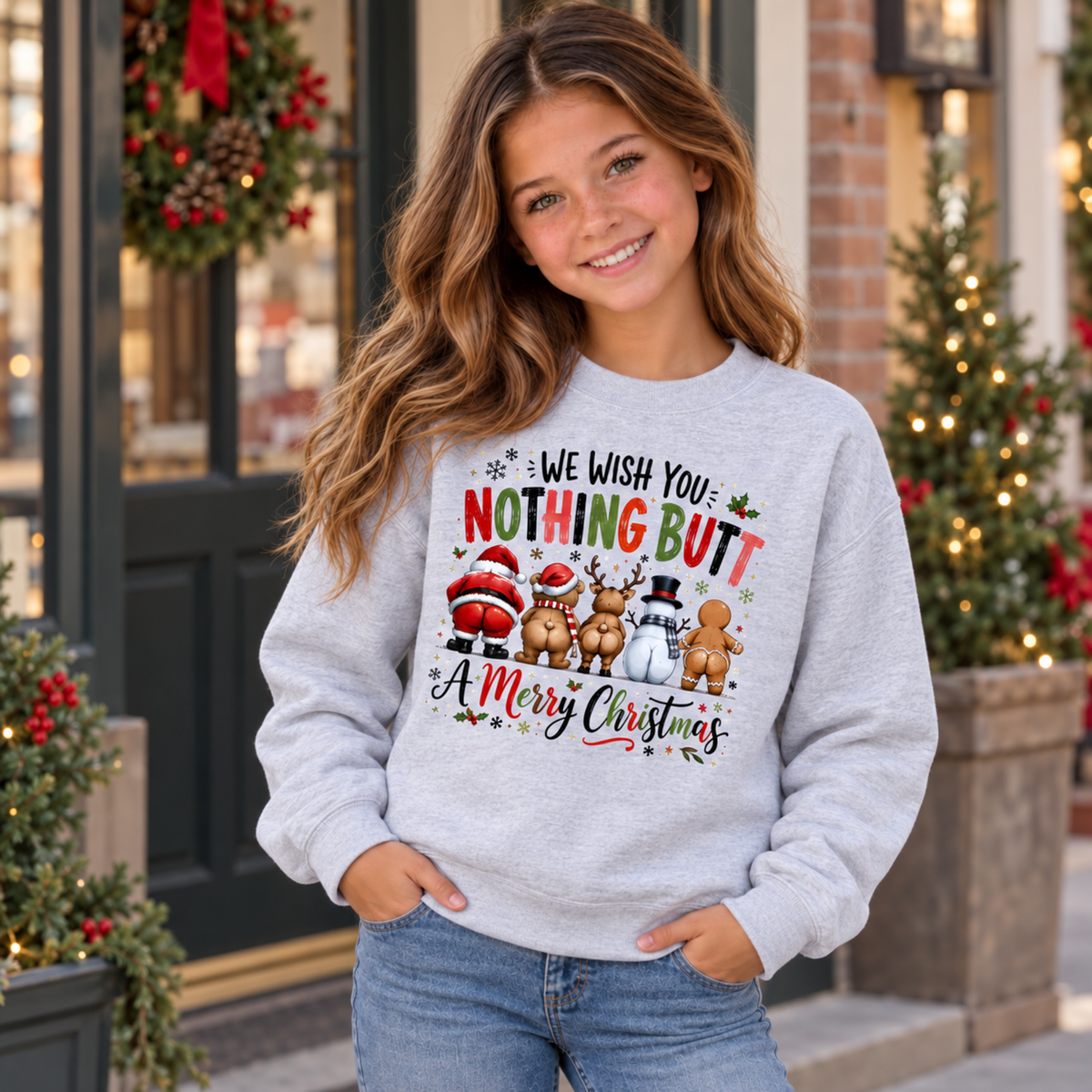 Youth model wearing a sports gray crewneck sweatshirt with We Wish You Nothing Butt a Merry Christmas design with festive characters shown from behind outside a festive holiday shop