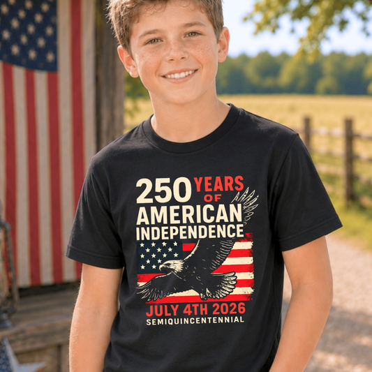 Youth boy wearing black patriotic America 250 tshirt with eagle and American flag graphic celebrating July 4th 2026 semiquincentennial patriotic shirt for boys kids and youth.