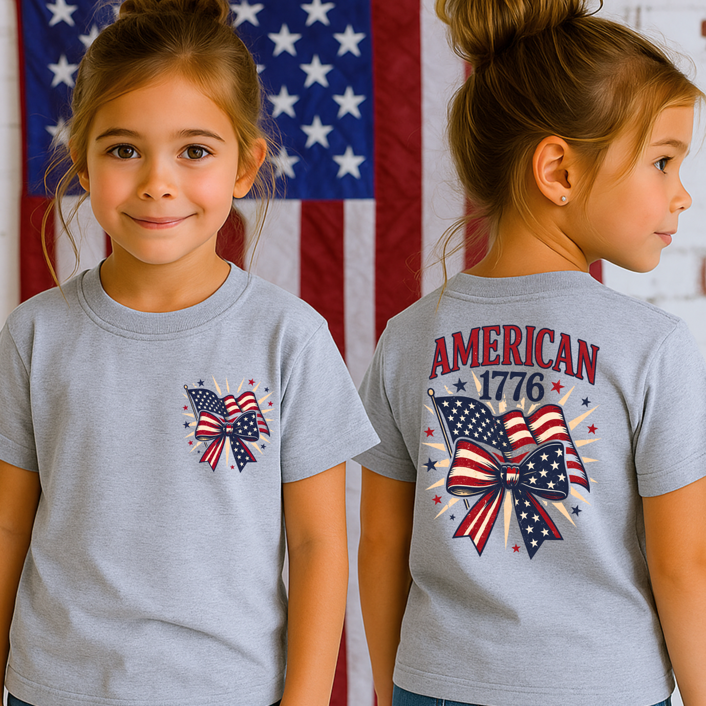 Youth girl wearing sports gray tee with bow and flags – front and back view.