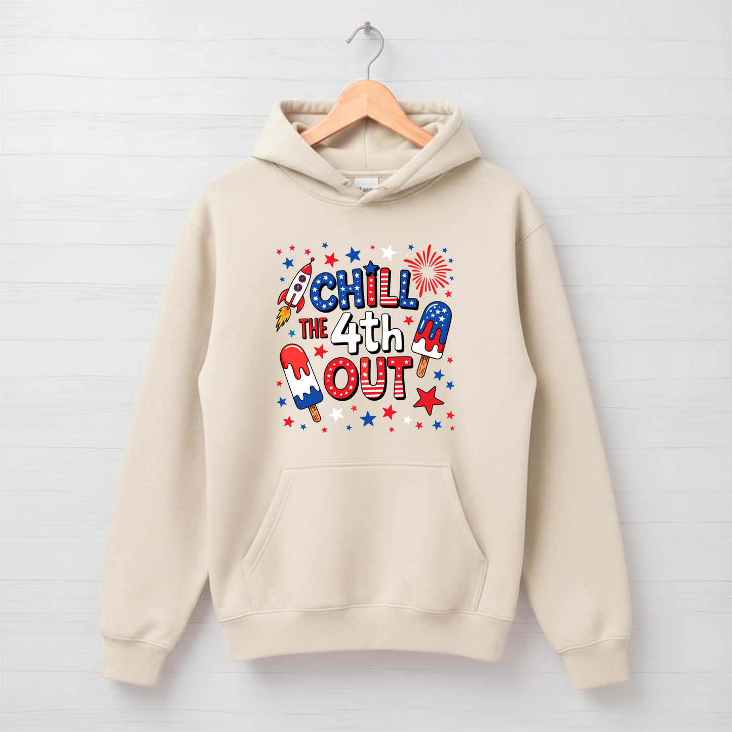 Beige hoodie with 'Chill the 4th Out' text and graphics on a white background