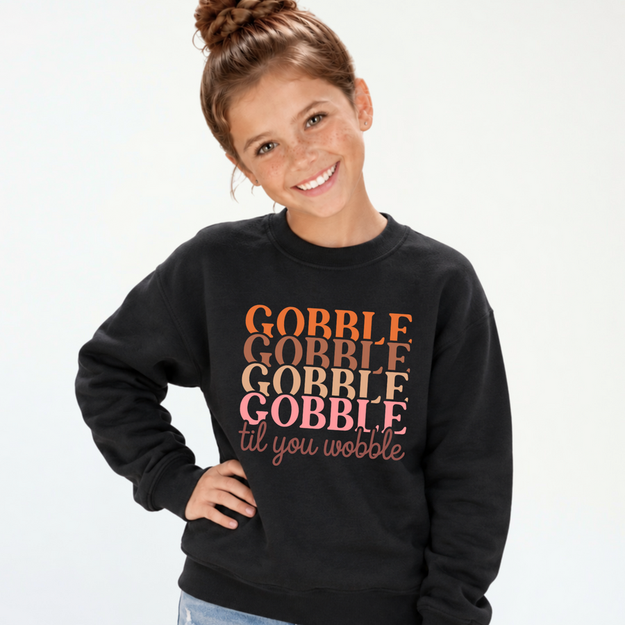 Gobble Til You Wobble Youth Thanksgiving Shirt & Sweatshirt