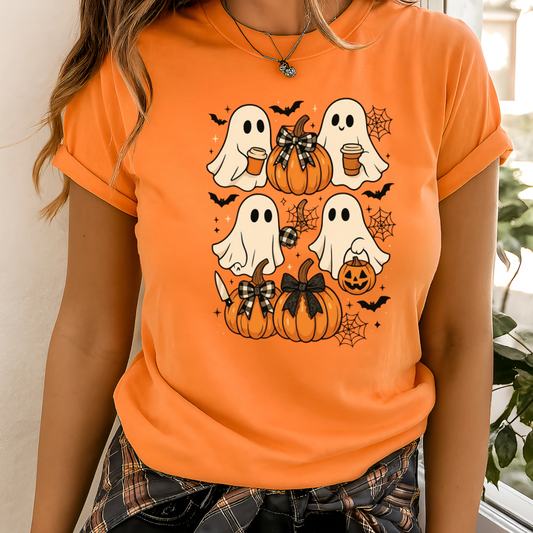 orange Halloween T-shirt with adorable ghost and pumpkin design. Perfect for spooky season outfits, pumpkin spice lovers, and casual fall style. Comfortable unisex fit for women