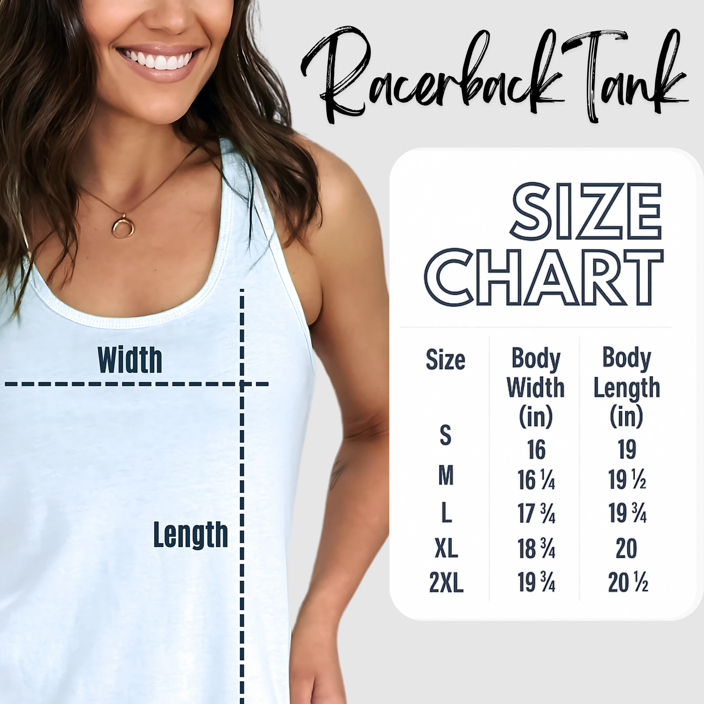 Woman wearing a racerback tank top with a size chart on a white background