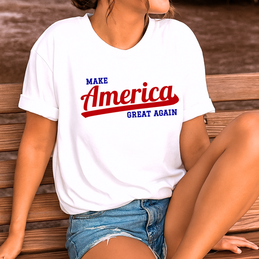 Make America Great Again t-shirt on woman sitting on bench