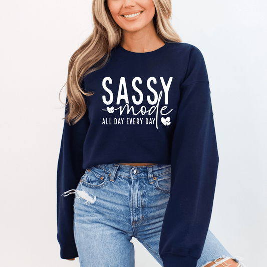 Women's 'Sassy Mode' Graphic Sweatshirt – Cozy and Stylish Pullover - The Right Side PrintsWomen's 'Sassy Mode' Graphic Sweatshirt – Cozy and Stylish Pulloverwomen's long sleeve sweatshirtNavySmall