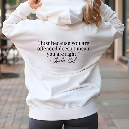 Back of white FREEDOM hoodie on woman showing quote text