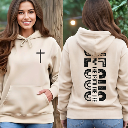 Beige Christian hoodie with minimalist front cross and bold vertical Jesus faith design on back