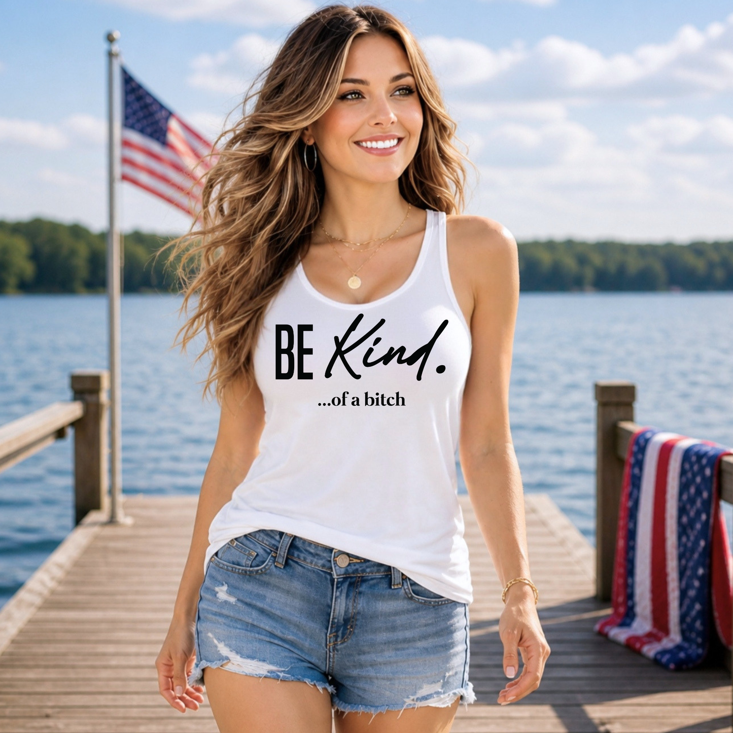 Woman wearing a white tank top with 'BE KIND...of a bitch' text on a dock by a lake.