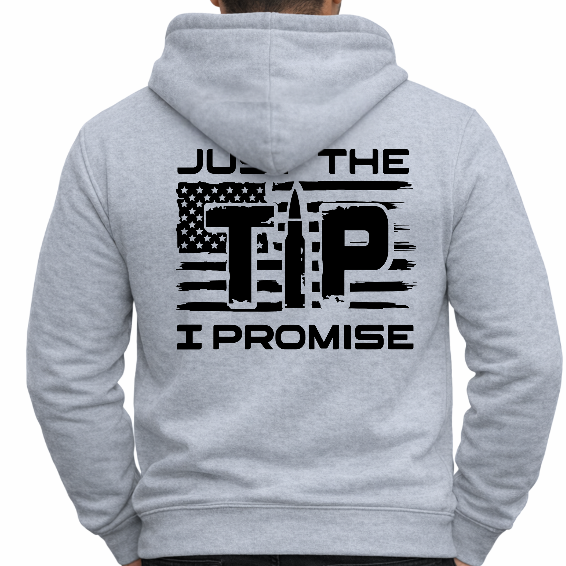 Gray hoodie with text and American flag design on the back