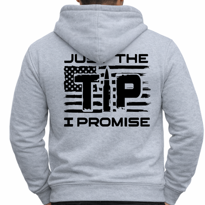 Gray hoodie with text and American flag design on the back