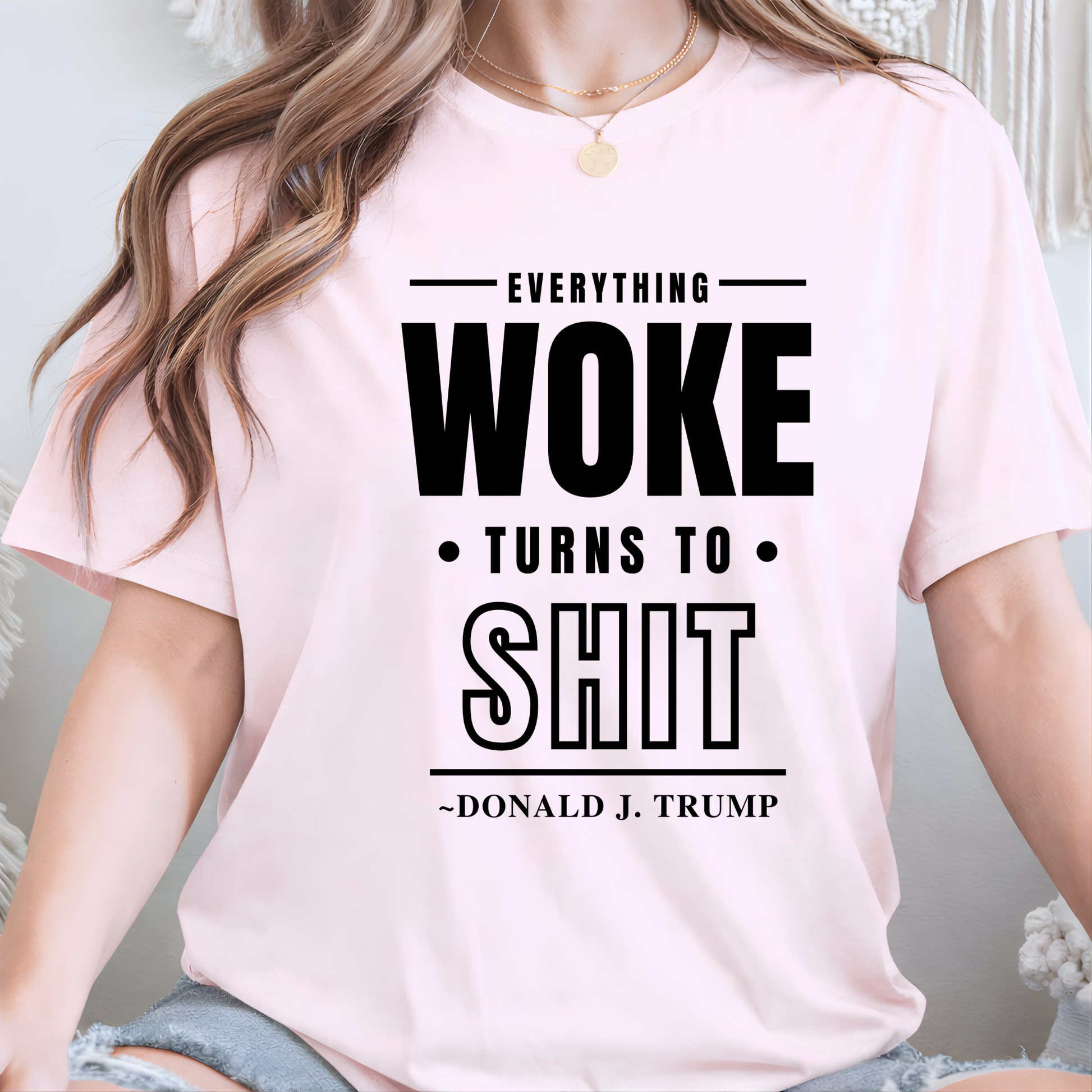 Light pink t-shirt → Woman wearing light pink t-shirt with bold conservative quote graphic – The Right Side Prints
