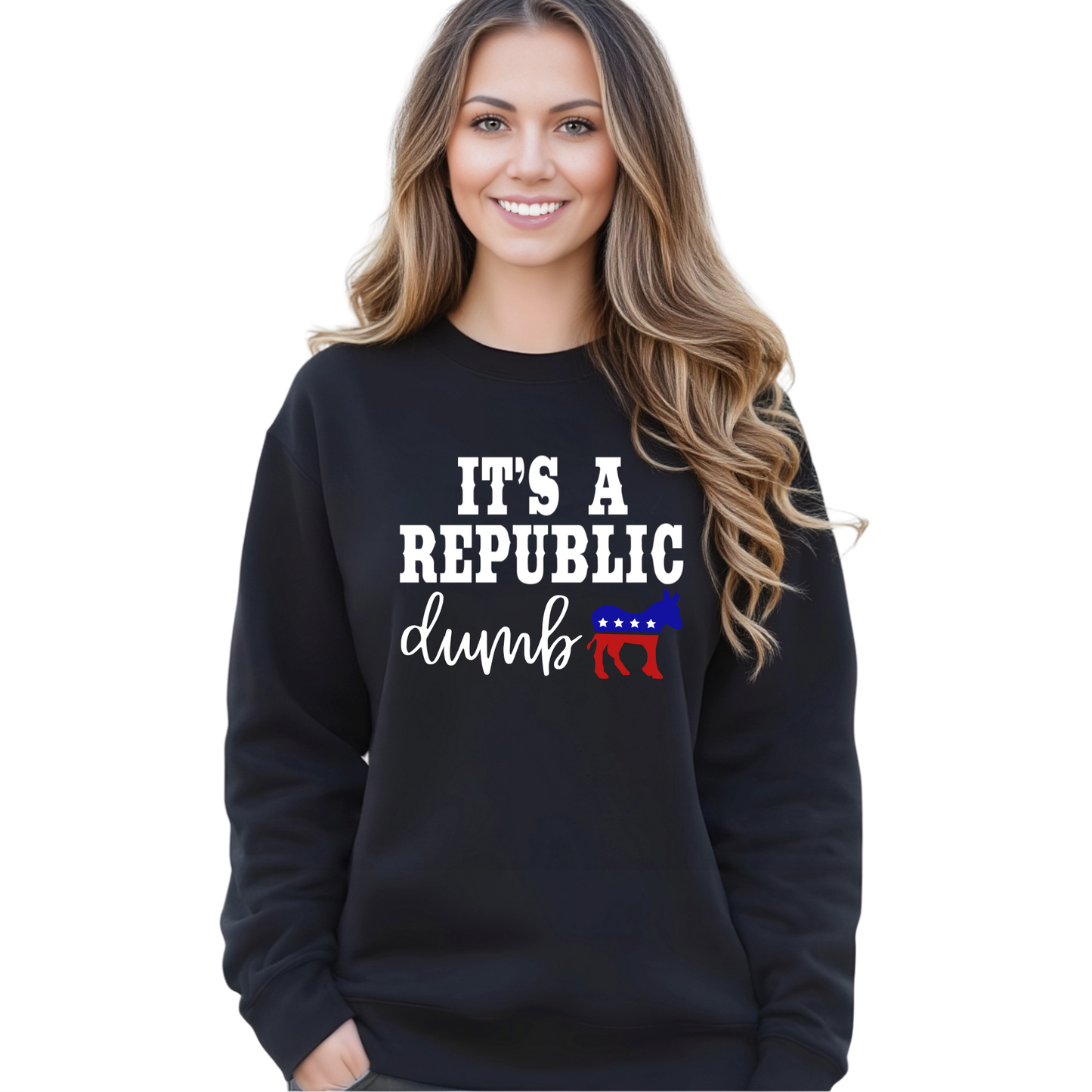 Woman wearing a black sweatshirt with text and graphics on a white background