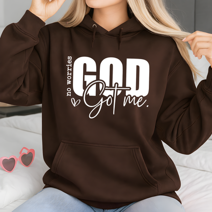 Woman wearing a Dark Brown Christan Sweatshirt with text "No Worries GOD Got me"